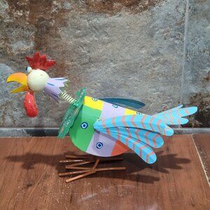 Metal Rooster Bobble Head Animated Chicken Sculpture Outdoor Yard Garden Decor